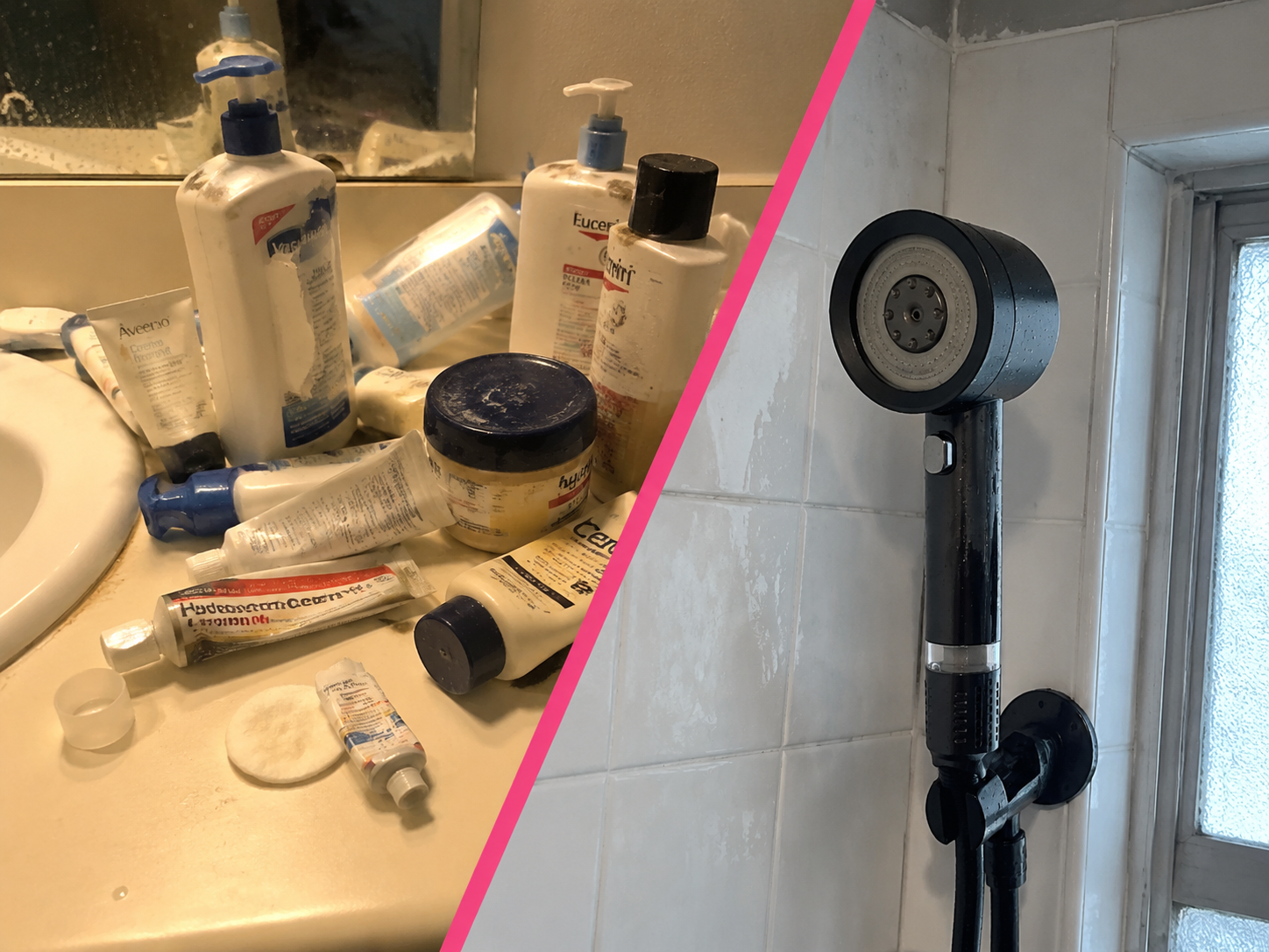 Stack of half-used skincare bottles next to TrueTap shower head