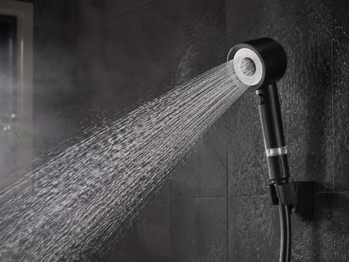 Strong water spray against dark tile