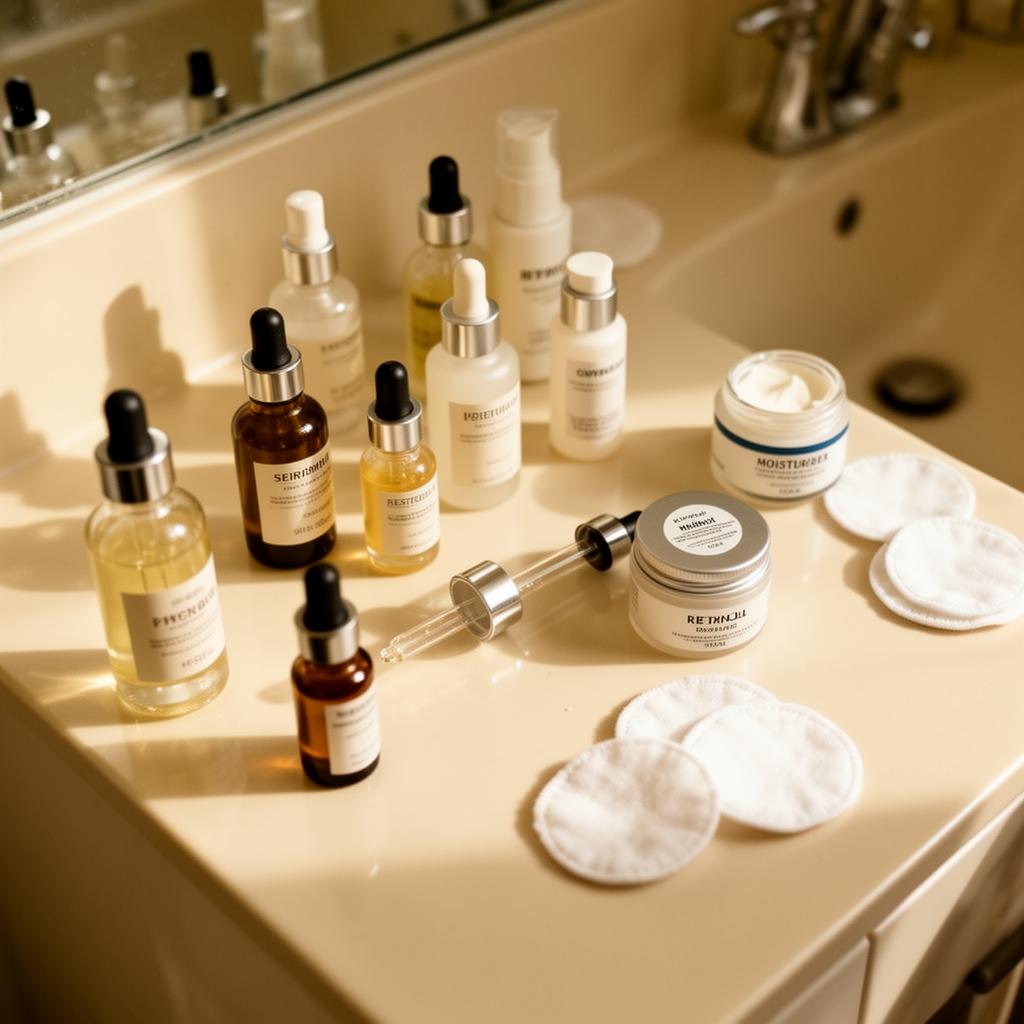 Cluttered bathroom counter with skincare bottles
