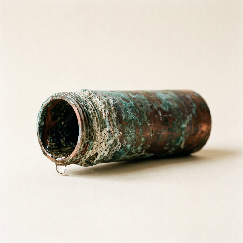 Corroded copper pipe with green patina and mineral buildup, a single water droplet at its mouth