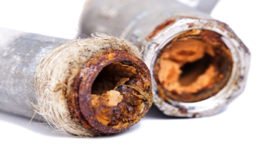 Close-up of the inside of a heavily corroded household water pipe