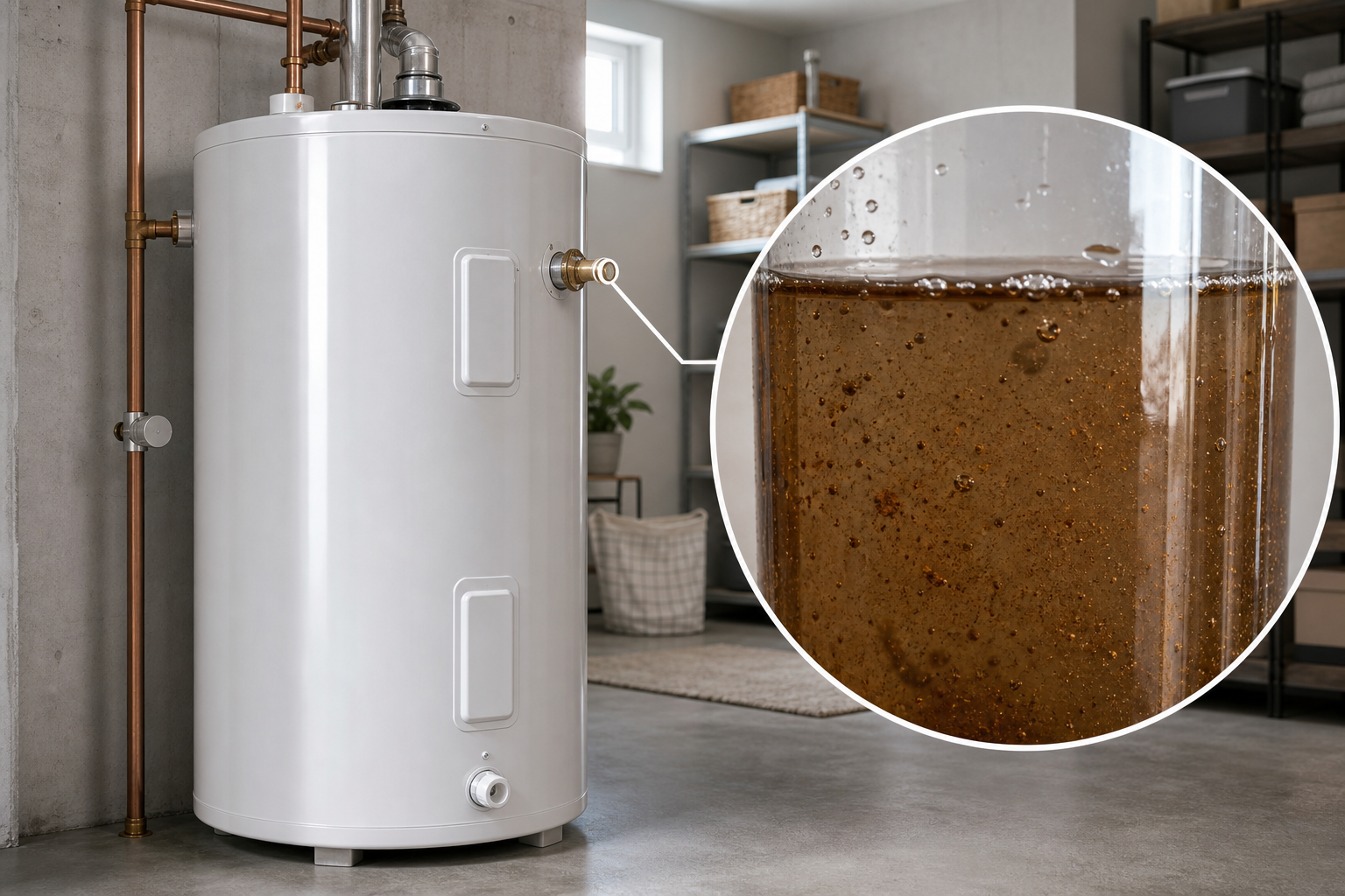 Residential water tank with magnified zoom showing contaminated water inside