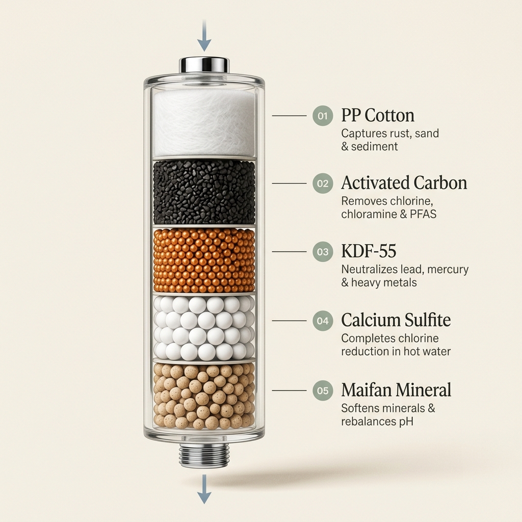Cutaway diagram of TrueTap filter cartridge showing five filtration layers: PP cotton, activated carbon, KDF-55, calcium sulfite, and Maifan mineral
