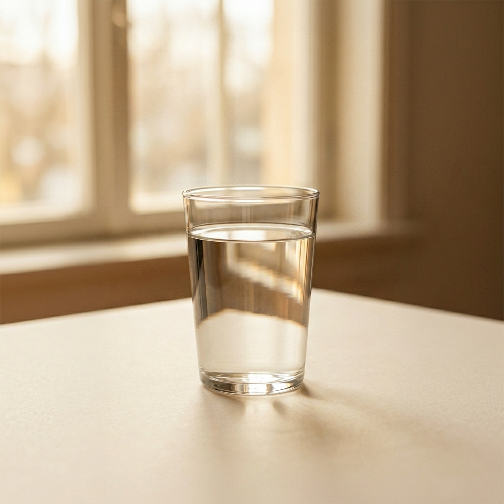 Glass of clear tap water on a windowsill in warm natural light